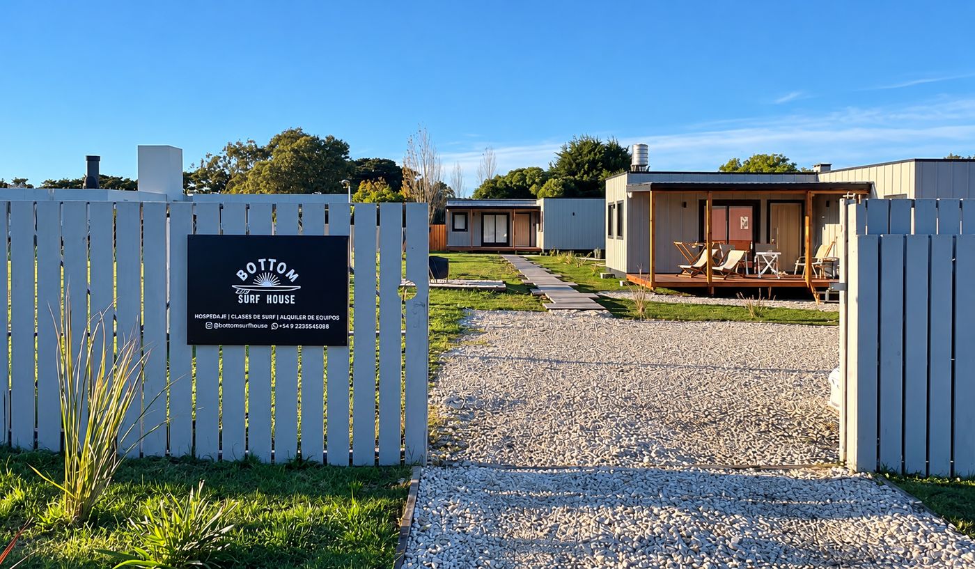 La entrada de Bottom Surf House con el cartel y las casas