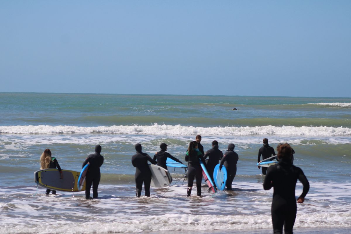 Grupo entrando al mar con sus tablas